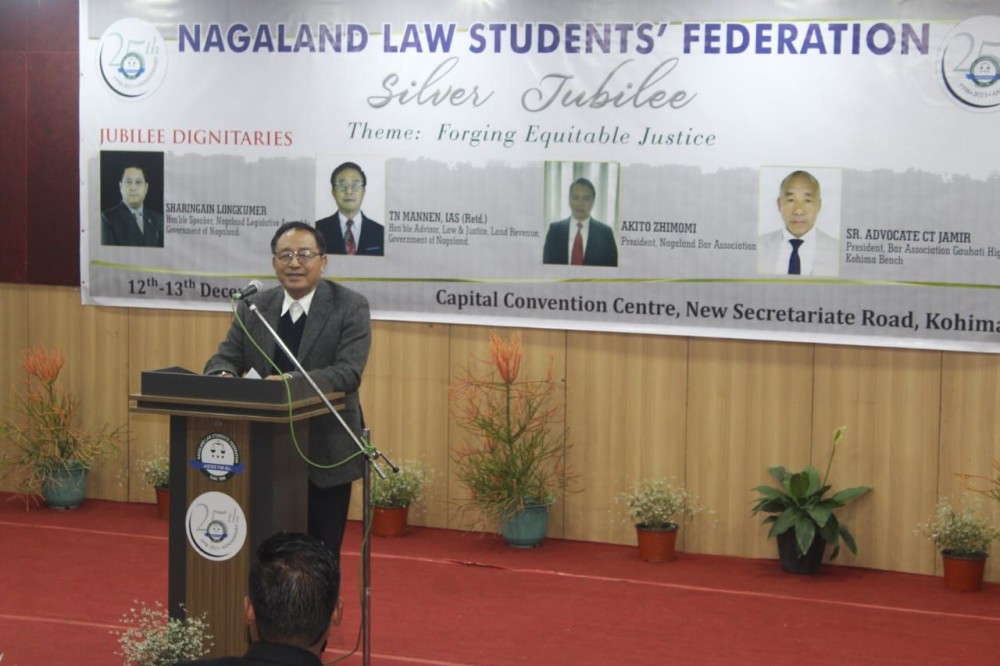 Advisor for Law and Justice and Land revenue, Government of Nagaland TN Mannen, IAS (Retd) speaking at the silver jubilee celebration of Nagaland Law Students' Federation at Capital Convention Centre, Kohima on December 12. (Morung Photo)